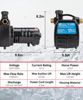 Water Transfer Pump, KITLUCK 120V 1/2 HP 1500GPH Cast Iron Electric Utility Water Pump with measurements and specifications shown.