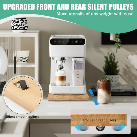 Bamboo Sliding Appliance Tray With Slick Glide Rubber Wheels For Coffee Makers And Air Fryers natural wood with smooth silent pulleys.
