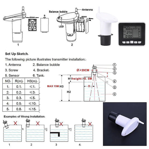 Ultrasonic Liquid Level Sensor With Temperature Display For Indoor Water Tanks Level Meter and Indicator, installation guide and unit.