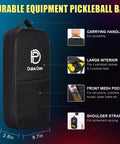 Black pickleball bag with Dulce Dom logo, showing features for Lightweight USAPA Approved Pickleball Paddles Set With Four Paddles Two Indoor And Two Outdoor High Performance Balls And Bag Included Perfect Gift For Women And Men Who Love The Game.