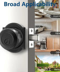 Slick Biometric Fingerprint Deadbolt Lock For Front Door, black finish, installed on door knob, showcasing broad applicability to various settings.