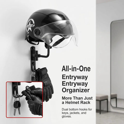 Heavy Duty Motorcycle Helmet Holder Wall Mount Rack With Dual Key Hooks Built Tough Steel Garage Gear Organizer For Helmets, Jackets, and Gloves.