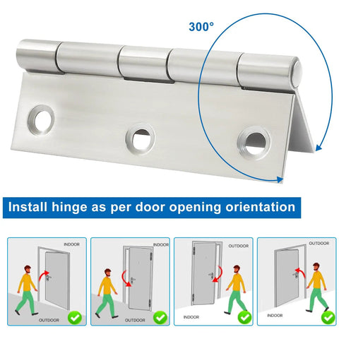 Rock Solid Three Inch Stainless Steel Folding Butt Hinges In Brushed Silver showcasing installation details for door opening orientation.