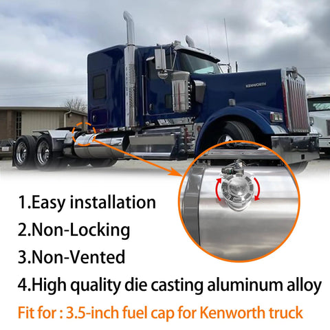 Truck Fuel Tank Cap Non Locking Solid Ultra Low Sulfur Three And A Half Inch Nominal Five Point Five TPI Replacement For FTA C 442 Compatible With Heavy Duty Trucks And Fleet Vehicles, shown installed on a Kenworth truck