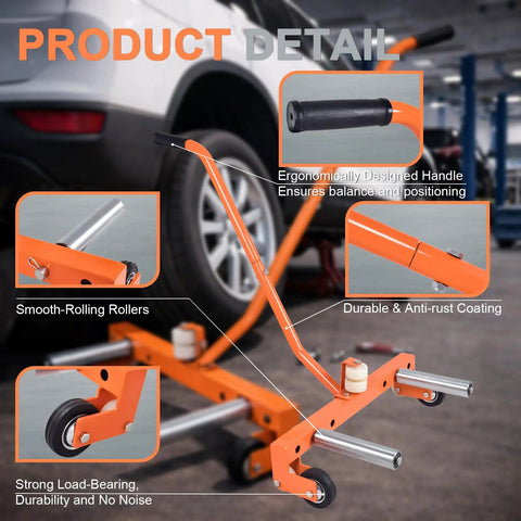 Heavy Duty 660 Lbs Adjustable Tire Wheel Dolly Built Dang Tough For Garages With Ultra Smooth Eight Inch Rollers showing ergonomic handle and smooth-rolling rollers.