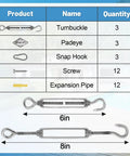 33 Piece Marine Grade Stainless Steel Sun Shade Sail Hardware Kit For Rectangle And Triangle Sails components, sizes shown