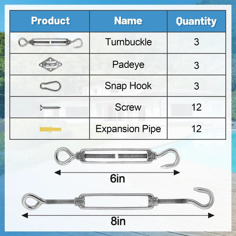33 Piece Marine Grade Stainless Steel Sun Shade Sail Hardware Kit For Rectangle And Triangle Sails components, sizes shown