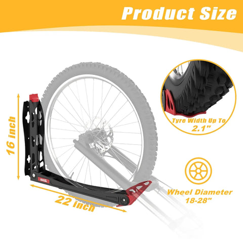 No Sweat Swivel Wall Mount Bicycle Rack With Rock Solid U Shaped Wheel Cradle Hanger shows size dimensions, holds 18-28 inch wheels.