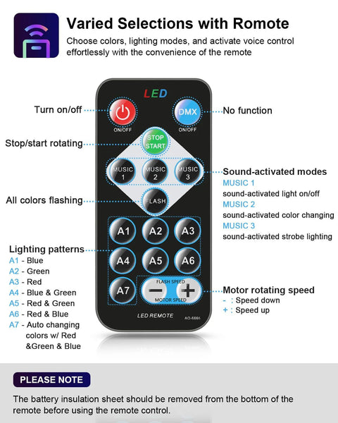 Luditek sound-activated party light remote, front view; black handheld controller with power, DMX, and color buttons.