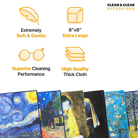 Five-pack microfiber cleaning cloths, 8x8 inches, soft and thick with classic art prints for lenses and screens.