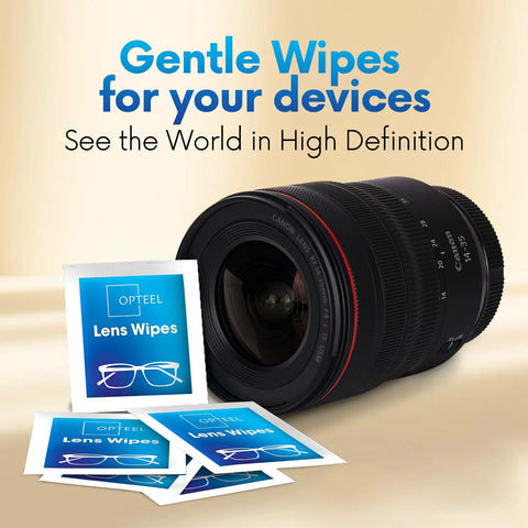 OPTEEL Lens Wipes packets for eyeglasses beside a Canon camera lens.