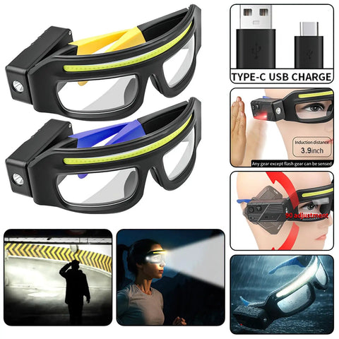Rechargeable LED Lighted Glasses With Motion Sensor And Touch Control Five Mode Hands Free Headlight Eyewear For Night Running Camping And Cycling USB C Trail Ready Glasses Built Different And Shine Bright - features USB-C charging and motion sensing.