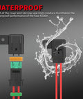 Beefy 12 Volt Inline Fuse Holder With Secure Mounting Holes For 12 Awg Automotive Marine Vehicle Wiring Kits Includes Waterproof Atc Ato Blade Fuses Rated At 20 30 40 Amps with water splashing effect.