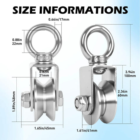 Size information diagram for Pro Grade 48mm V Groove Cable Pulley Wheel With Swivel Joints And Dual Ball Bearings.