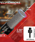 Diamond Chamfer Bit Set For Angle Grinder M14 Thread And Hex Shank Three Piece Two Inch Three Quarter Inch Diamond Finger Milling Bit For Enlarge And Shape Holes In Porcelain Ceramic Granite Marble Tile Dry And Wet Use specifications with size details.