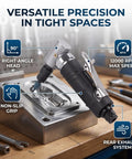 90 Degree Right Angle Pneumatic Air Die Grinder With Textured Non Slip Grip Built Tough For Sweet Access On Tight Jobs Auto Detailing And Heavy Duty Mold Trimming on a workbench with tools.