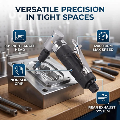 90 Degree Right Angle Pneumatic Air Die Grinder With Textured Non Slip Grip Built Tough For Sweet Access On Tight Jobs Auto Detailing And Heavy Duty Mold Trimming on a workbench with tools.