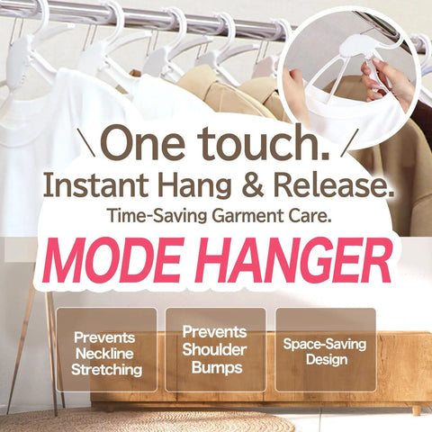 One Touch Quick Release Hangers With Collapsible Neckline Protection, Space Saving Cascading Closet Organizer, Prevent Shoulder Bumps, 10 Pack Light Blue And White, Easy In And Out For T Shirts And Sweaters with visual of hangers and benefits.