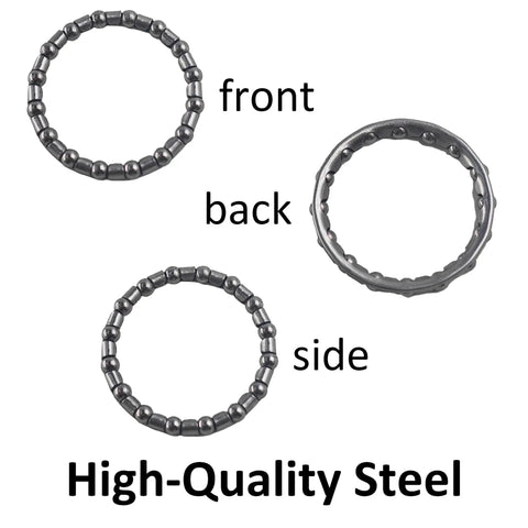 Front, back, and side view of 4 Pack Bike Ball Bearing Retainer Replacement 5/32 Inch X 16 Ball Bearings For Crank And Rear Wheel