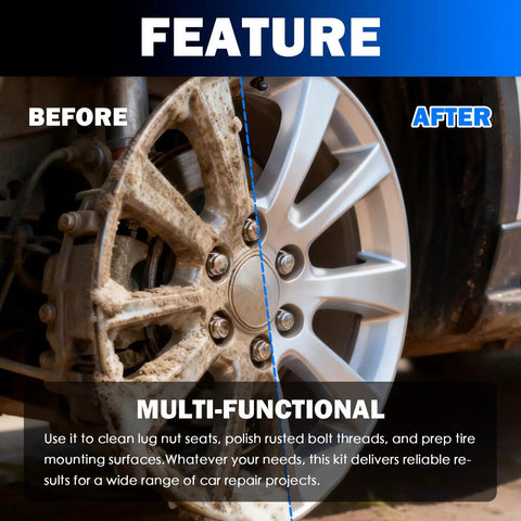 Before and after use of the Professional Wheel Hub Cleaning Tool Kit Featuring Steel Wire Brush Cups And Slim Pen Brushes.