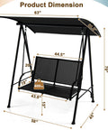 Two Person Porch Swing With Adjustable Canopy, Comfortable Fabric Seat And Heavy Duty Steel Frame, dimensions displayed
