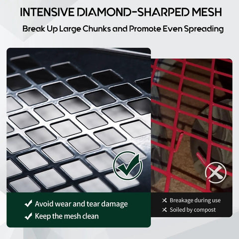 Diamond-shaped mesh detail of Compost And Peat Moss Spreader With 2-In-1 ATV And T Shaped Handle 44 Inch Rolling Width 5.6 Cubic Feet Capacity
