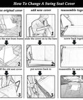 Illustrated steps showing how to replace a Heavy Duty Waterproof Patio Swing Seat Cover For 2 To 3 Seat Metal Frame Benches Replacement Outdoor Chair Cover Durable Fabric Easy Slide On Fit Not Padded Measures 58 Inch By 41 Inch All Weather Protection.