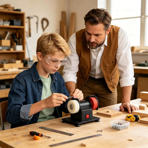 Compact Tabletop Mini Bench Grinder Featuring Dual Grinding Wheels For Precision Tool Sharpening And Rough Burr Removal Kickass Workshop Rig Easy Setup Great For Daily Home Maintenance Tasks used by a child and adult in workshop.
