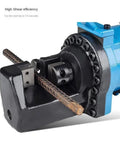 Close-up of Professional Grade Electric Hydraulic Rebar Cutter Handles 4 To 25 Millimeter Steel Rod cutting a steel rod.