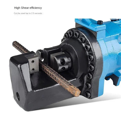 Close-up of Professional Grade Electric Hydraulic Rebar Cutter Handles 4 To 25 Millimeter Steel Rod cutting a steel rod.