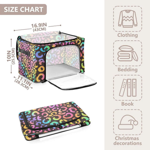 Hella Roomy Foldable Storage Bin With Clear Front Window And Top Front Twin Zippers Built Tough Steel Rod Support Real Sturdy Home Organizer Leopard Print Rainbow Decor, 16.9 x 11.4 x 10 inches, for clothing and bedding.
