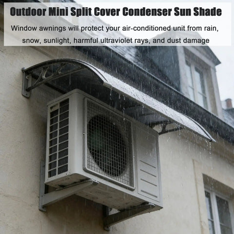 Outdoor Mini Split Cover Condenser Sun Shade protecting AC unit from rain, featuring curved aluminum awning for weather resistance.