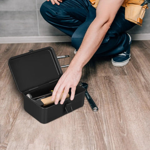 Badass Heavy Duty Metal Toolbox With Secure Locking Latch And Portable Carry Handle For Auto Work And Home Fixes, opened with tools inside.
