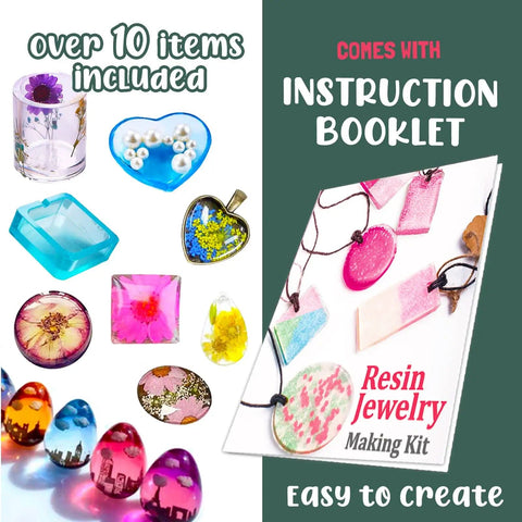 Resin Jewelry Making Starter Kit For Beginners With Molds And Tools Silicone Casting Molds Clear Epoxy Resin Kit shown with instruction booklet and finished jewelry examples