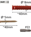 25 Dowel Fixing Kit With Nylon Collars Diameter 8x40 mm, 25 Yellow Wood Screws Diameter 5x40 mm, And PZ2 Quarter Inch Bit Display