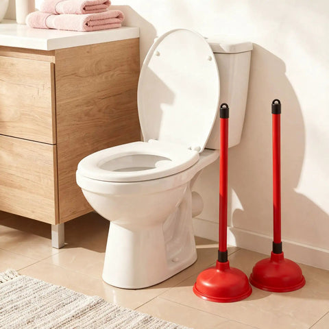 Tough As Nails Toilet Plungers 12 Pack Bulk 19 Inch Long Handle Suction Cup Plunger Built To Crush Stubborn Clogs Fast With Heavy Duty Rubber Cups And Slip Resistant Grips For Households Or Properties In Bold Red beside a clean toilet.