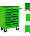Heavy Duty Freestanding Storage Cabinet With Smooth Rollin Parking Brakes And Ball Bearing Slides For Crazy Convenient Garage Workspace Organization In Sage Green, seven drawer design.