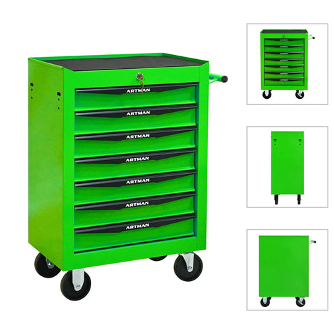 Heavy Duty Freestanding Storage Cabinet With Smooth Rollin Parking Brakes And Ball Bearing Slides For Crazy Convenient Garage Workspace Organization In Sage Green, seven drawer design.