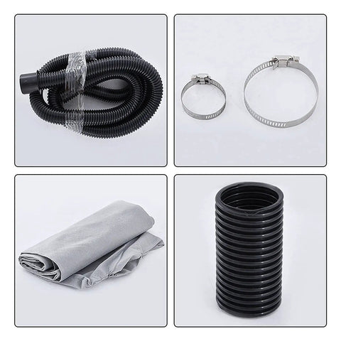 Badass 1280W Dual Purpose Blower And Suction Vacuum Cleaner For Garage Cleanups And Wall Grinding parts including hose, clamps, and filter.