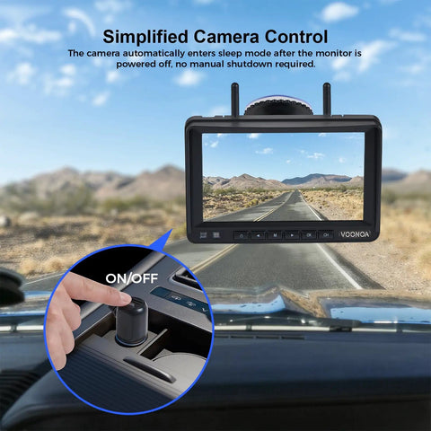 Dual Wireless Backup Cameras With 7 Inch HD 1080P Monitor 15000mAh Battery showing on/off control in a truck view.
