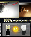 Comparison of 3157 LED light bulb and halogen bulb showing brightness for tail brake reverse signal use.