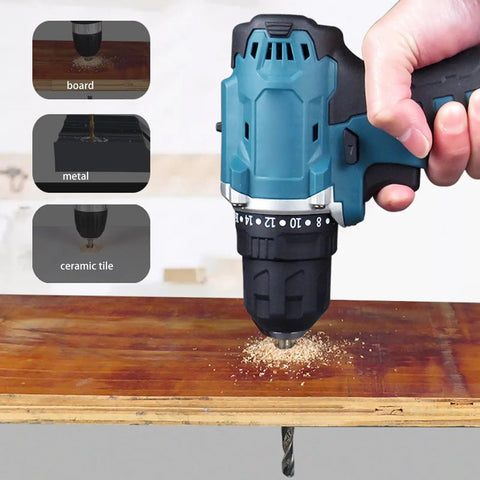 Heavy Duty Cordless Drill Set With Sleek Brushless Motor And Knockout 21V Power Delivers 30 Nm Torque Plus 20 Clutch Settings For Weekend Warrior Garage Projects And Serious DIY Builds With Standard US Plug drilling into wood surface