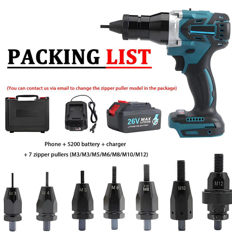 Portable Electric Automatic Rivet Nut Gun Kit With LED Lighting, 26V Battery Powered, including charger and zipper pullers