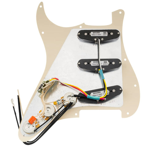 Electric Guitar Treble Bleed Mod Kit Featuring.001uF Ceramic Capacitor And 150K Resistor installed on a pickguard with pickups.