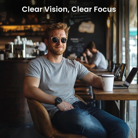 Front view of man in cafe wearing sunglasses, seated at a wooden table with laptop and coffee cup.