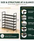 Solid Six Tier Metal Shoe Rack Adjustable Stackable Boot And Sneaker Storage Shelf With Hooks Hallway Flex Closet Refresh No Drama Easy Setup Black Frame Entryway Organizer dimensions and construction details.