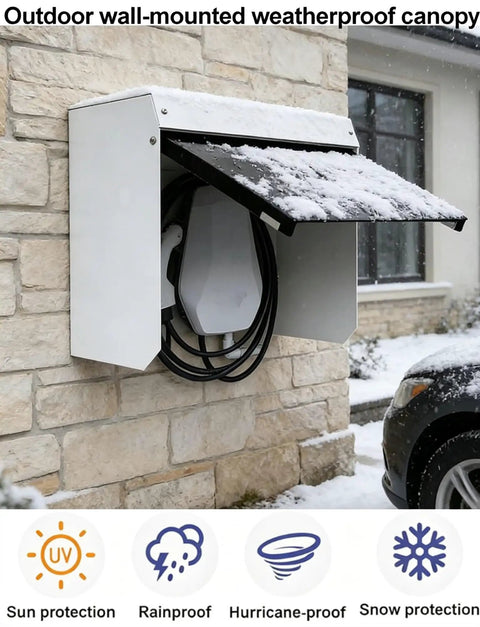 Top Shelf Electric Vehicle Charger Cover Box Crafted From Solid Galvanized Steel Featuring Magnetic Acrylic Panel For Wall Mounted Outdoor Charging Stations Weather Tight Enclosure That Handles Any Damn Weather, installed on a stone wall with snow.