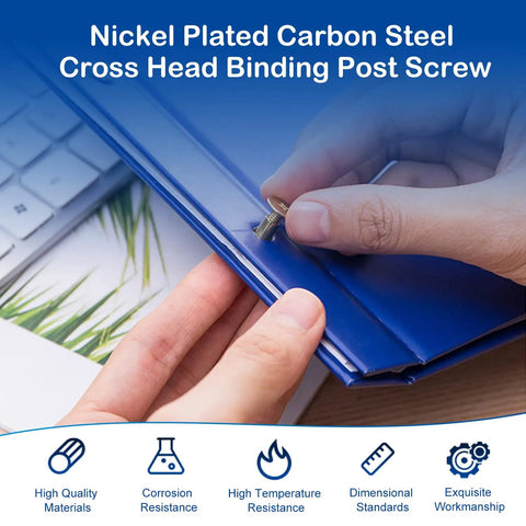 Top Shelf Nickel Plated M5 Binding Screws Boss Grade Chicago Binding Posts with hand fastening into blue binder.
