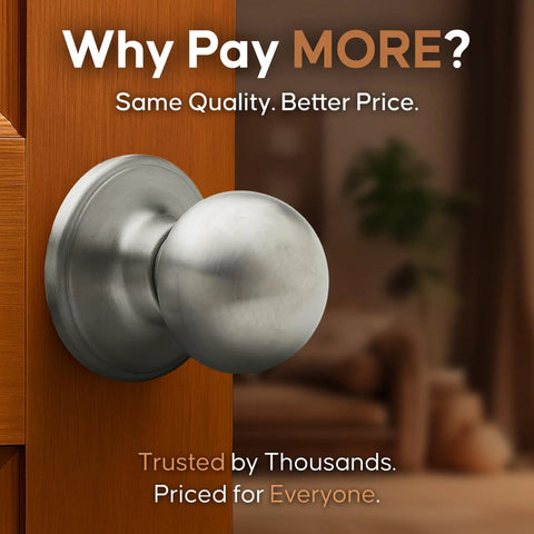 Passage Interior Door Knob Set Satin Stainless Heavy Duty Hardware on wooden door, room in background