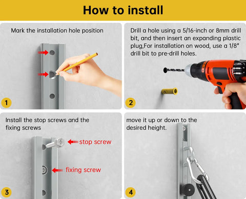 Adjustable Resistance Band Wall Anchor With Auto Locking Mechanism installation guide displaying steps to mount and adjust.